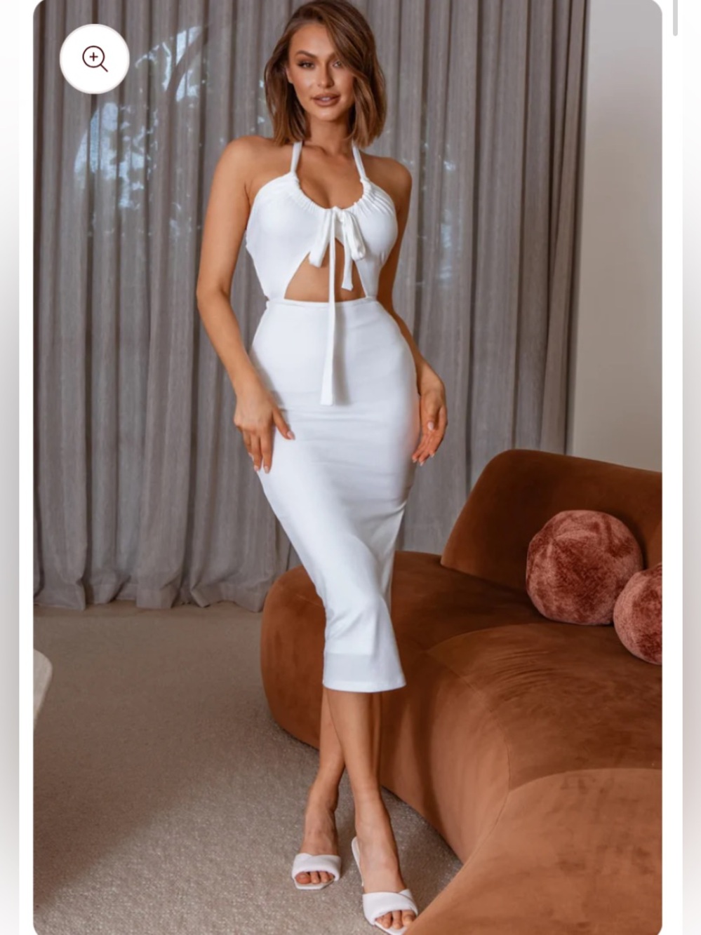 Selfie Leslie White Halter Tie-Front Cutout Midi Dress